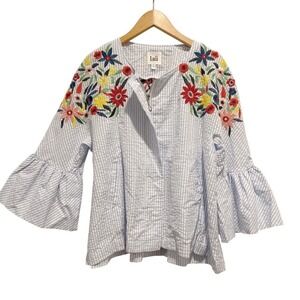 Luii Embroidered Floral Seersucker Womens Large Blue Zip Up Jacket Boho Ruffle